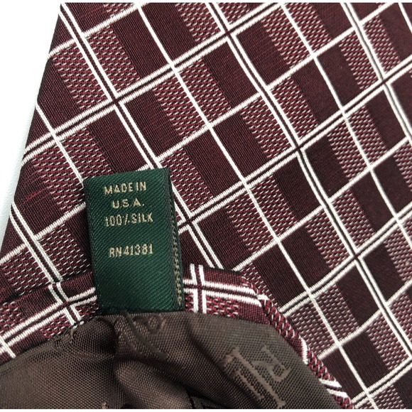 VTG Lauren Ralph Lauren Tie Burgundy Plaid Diamond 100% SILK Made USA Hand Finis - Picture 8 of 11